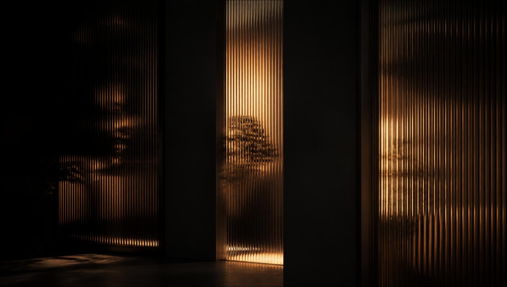 Painéis de vidro canelado iluminados por luz âmbar