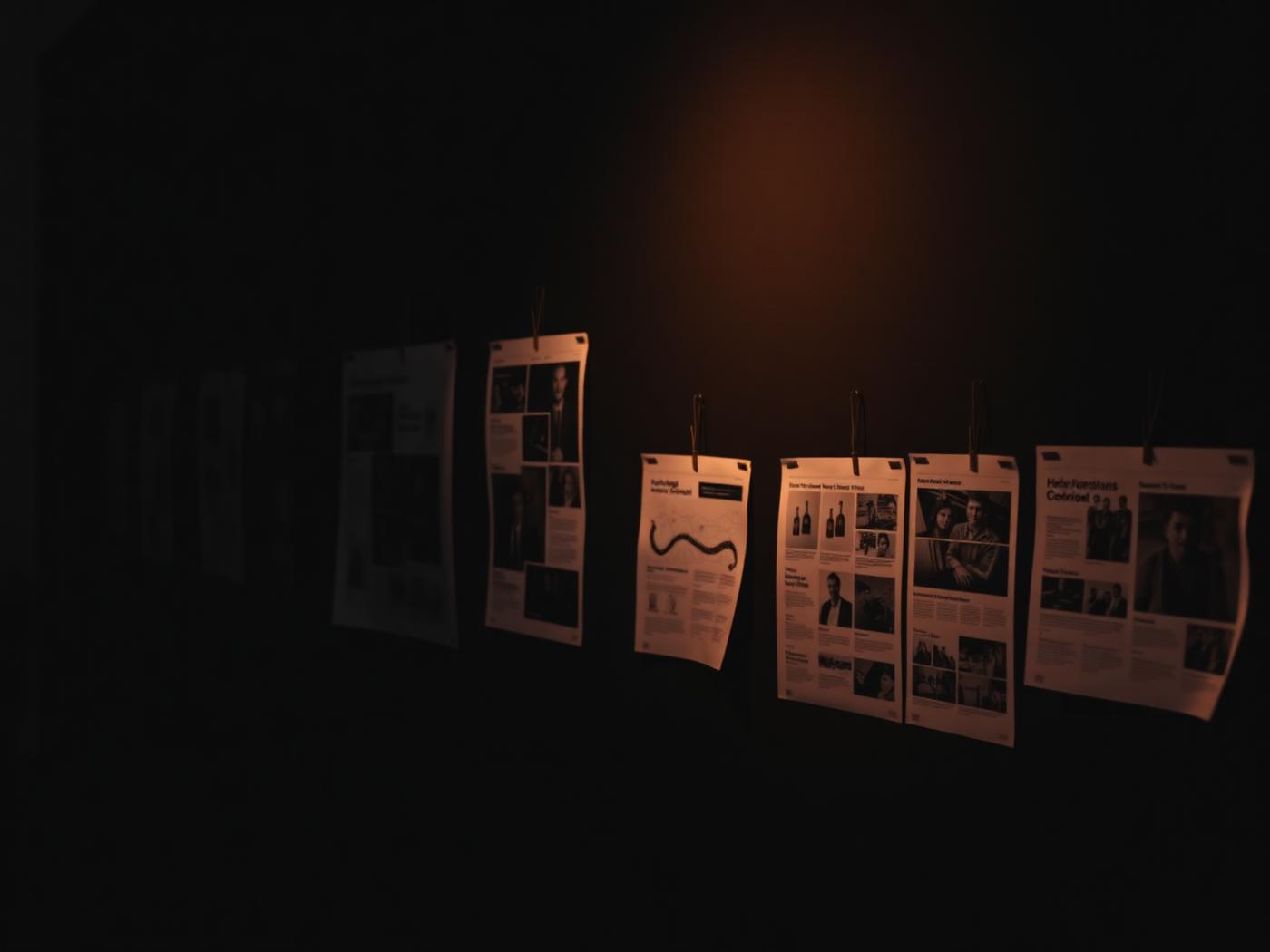 Parede de estúdio com layouts impressos sob luz baixa